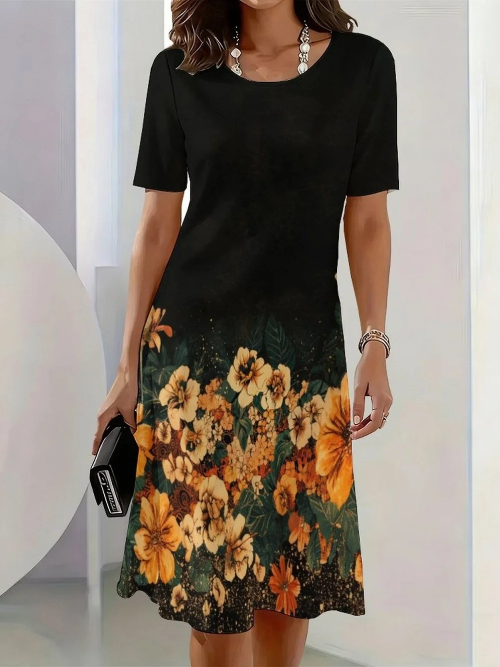 2026 New Elegant Floral Print Dresses for Women Round-Neck Short Sleeve Female Clothing Summer Travel Vacation Clothes for Woman 14