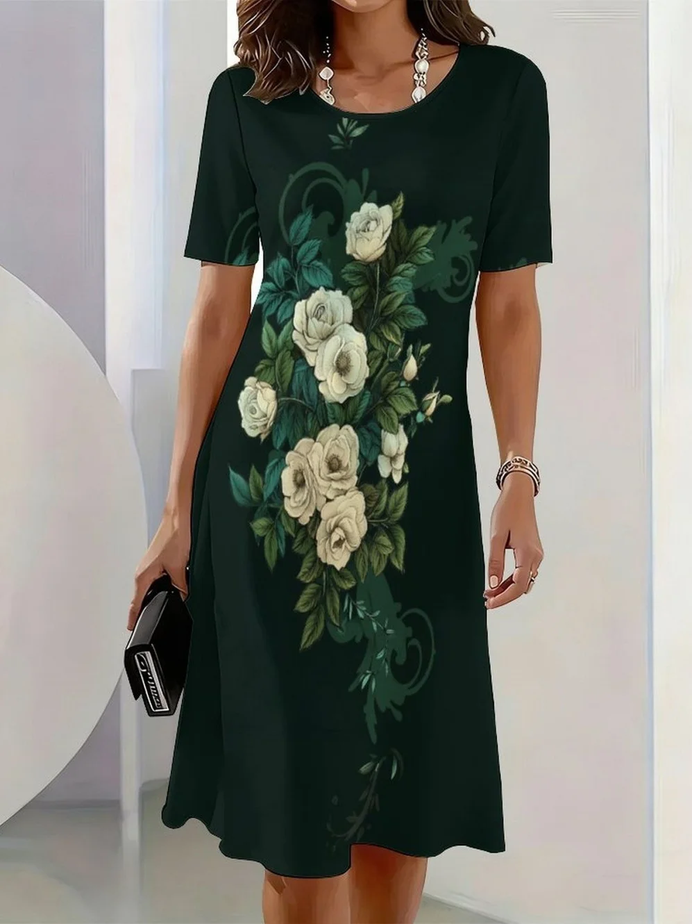 2026 New Elegant Floral Print Dresses for Women Round-Neck Short Sleeve Female Clothing Summer Travel Vacation Clothes for Woman 8