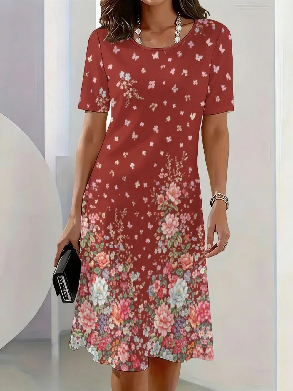 2026 New Elegant Floral Print Dresses for Women Round-Neck Short Sleeve Female Clothing Summer Travel Vacation Clothes for Woman 3