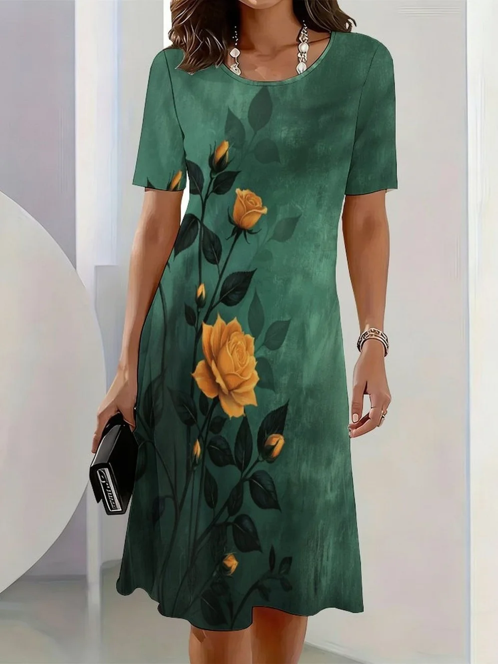 2026 New Elegant Floral Print Dresses for Women Round-Neck Short Sleeve Female Clothing Summer Travel Vacation Clothes for Woman