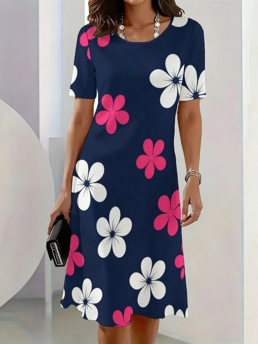 2026 New Elegant Floral Print Dresses for Women Round-Neck Short Sleeve Female Clothing Summer Travel Vacation Clothes for Woman 11