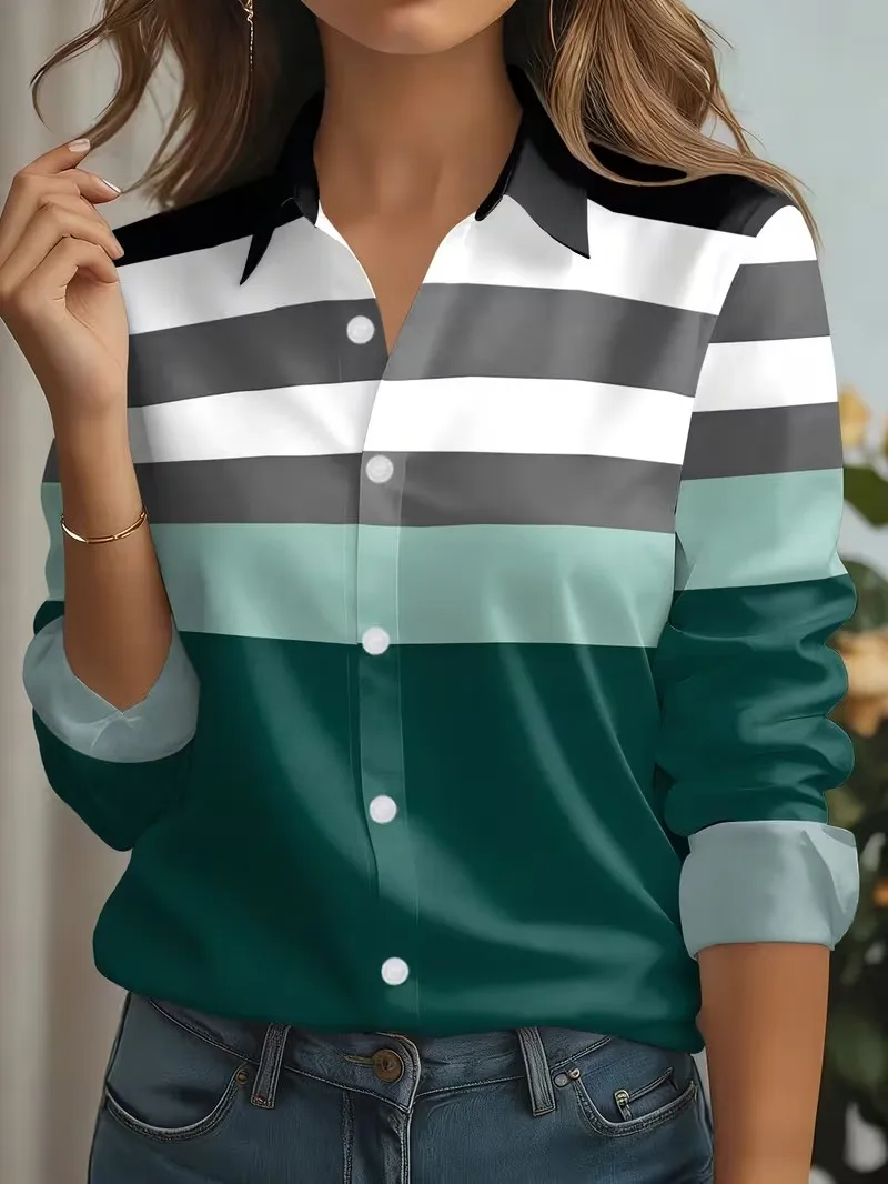 New Spring Autumn Women Blouses Fashion Striped Pattern Printing Shirt Elegant Casual Everyday Blouse Ladies Office Loose Shirts 7