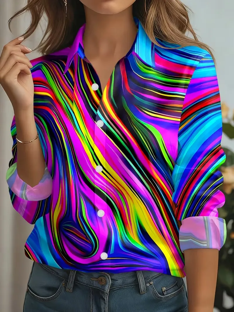 Autumn New Women's Shirts Gradient Stripes Print Blouse Lapel Neck Long Sleeve Office Ladies Tops Shirts Casual Womens Clothes 8