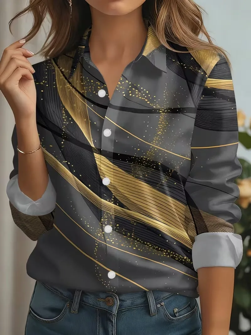 Autumn New Women's Shirts Gradient Stripes Print Blouse Lapel Neck Long Sleeve Office Ladies Tops Shirts Casual Womens Clothes 10