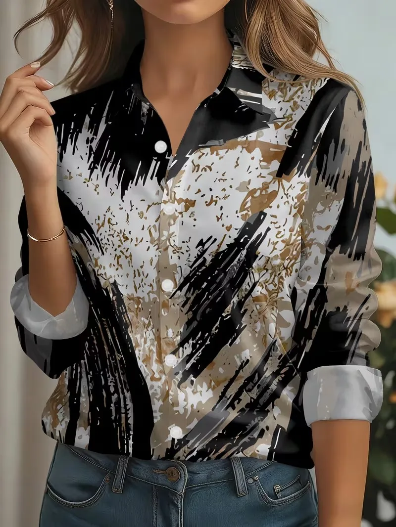 Autumn New Women's Shirts Gradient Stripes Print Blouse Lapel Neck Long Sleeve Office Ladies Tops Shirts Casual Womens Clothes 3